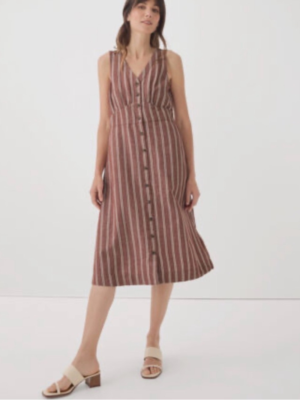 NWT Pact Canopy Cotton Linen Blend Button-Front Dress Mahogany Stripe XXL